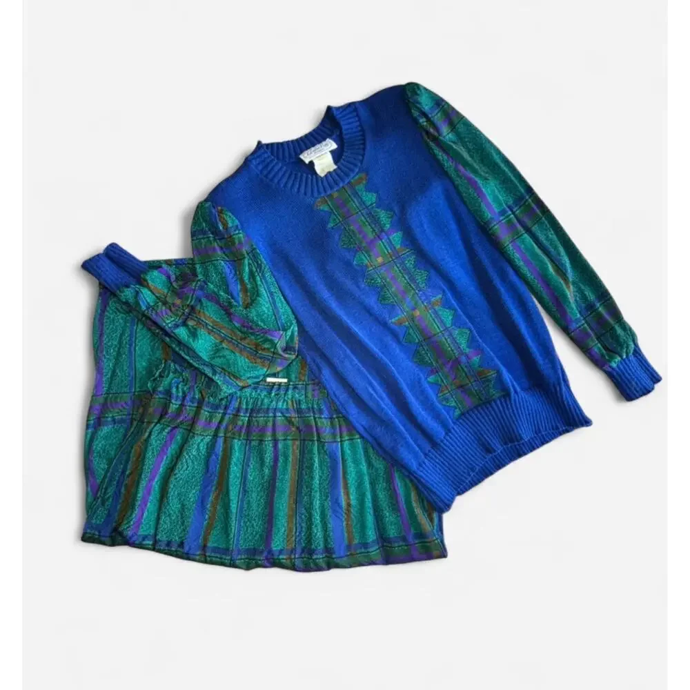 Leslie Fay Women's Sweater & Skirt 12P Vintage Blue Green Knit & Plaid